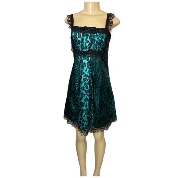 Y2K Betsey Johnson Slip Dress Size P Animal Print Satin Lace Teal Black - Picture 2 of 14
